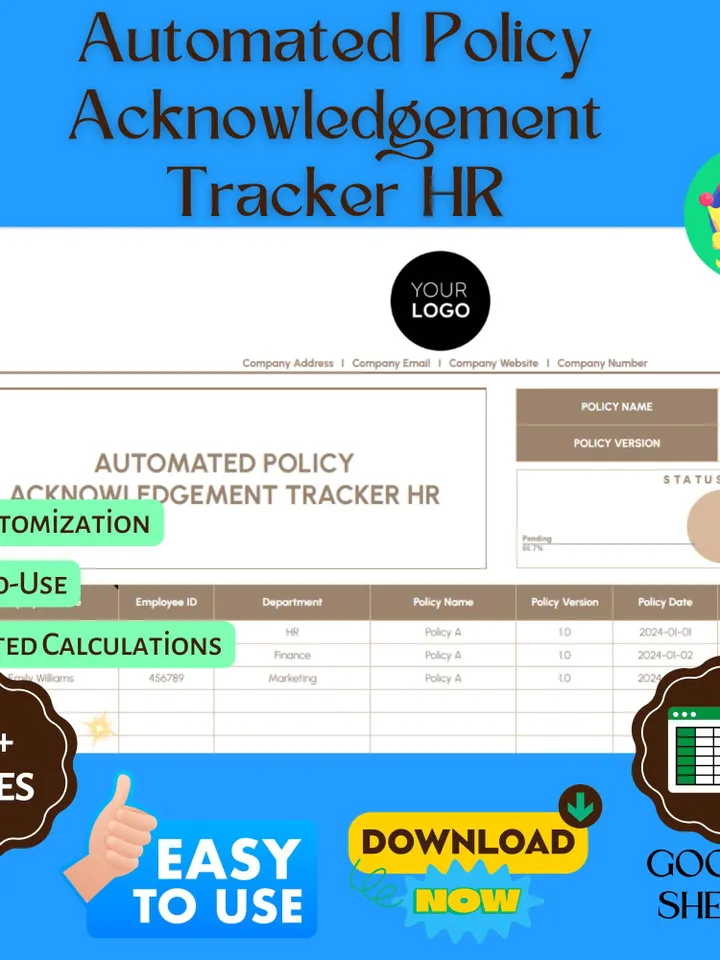 Automated Policy Acknowledgement Tracker HR, Editable Google Sheets, Digital Tool for Employee Compliance Management