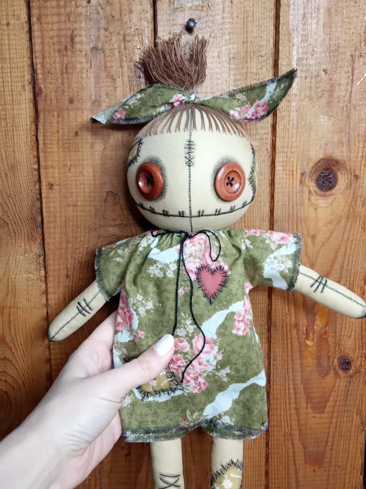 Handmade Doll With Button Eyes (Green)