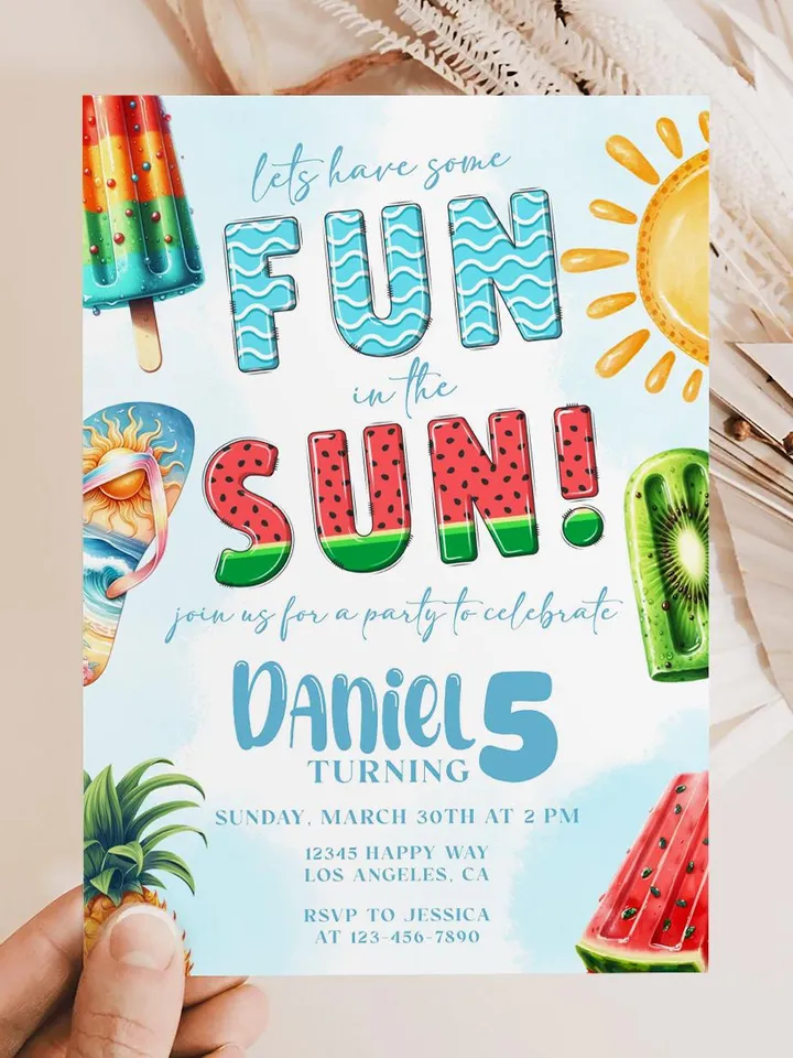 Summer Birthday Invitation, Summer Invite, Fun in the Sun Birthday Party Invitation, Ice Cream Popsicle Watermelon, Editable Template