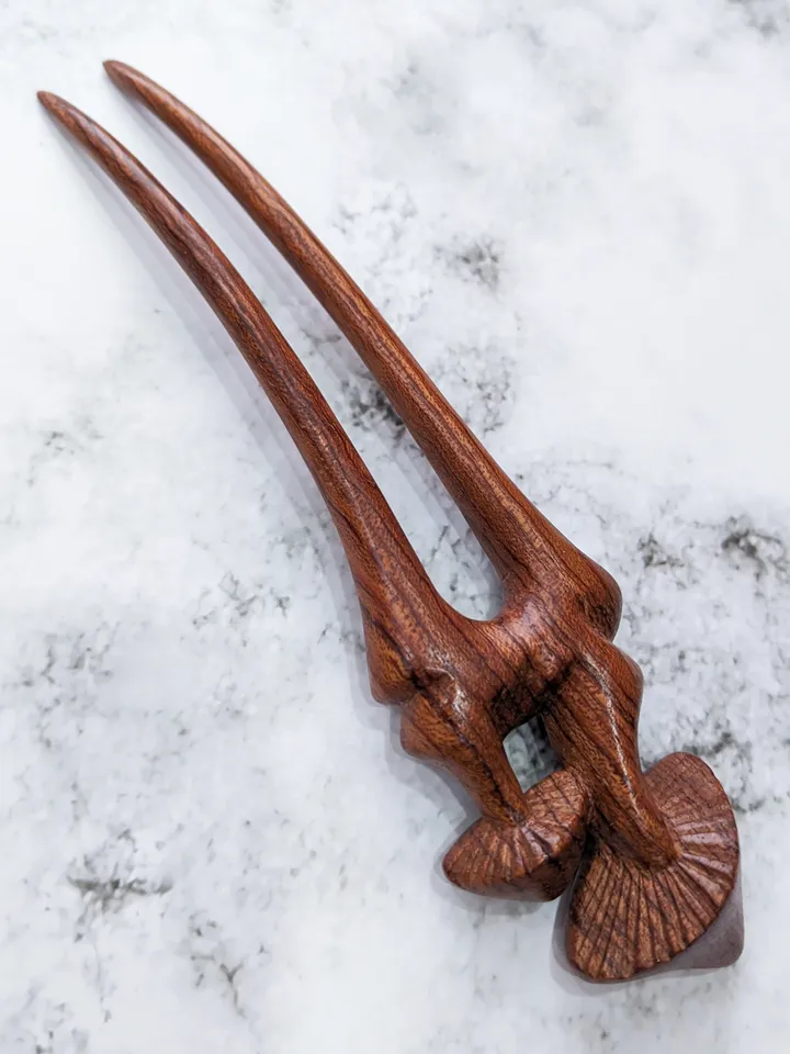 Carved wooden hairpin with mushrooms. Handmade hairpin from African bubinga wood.
