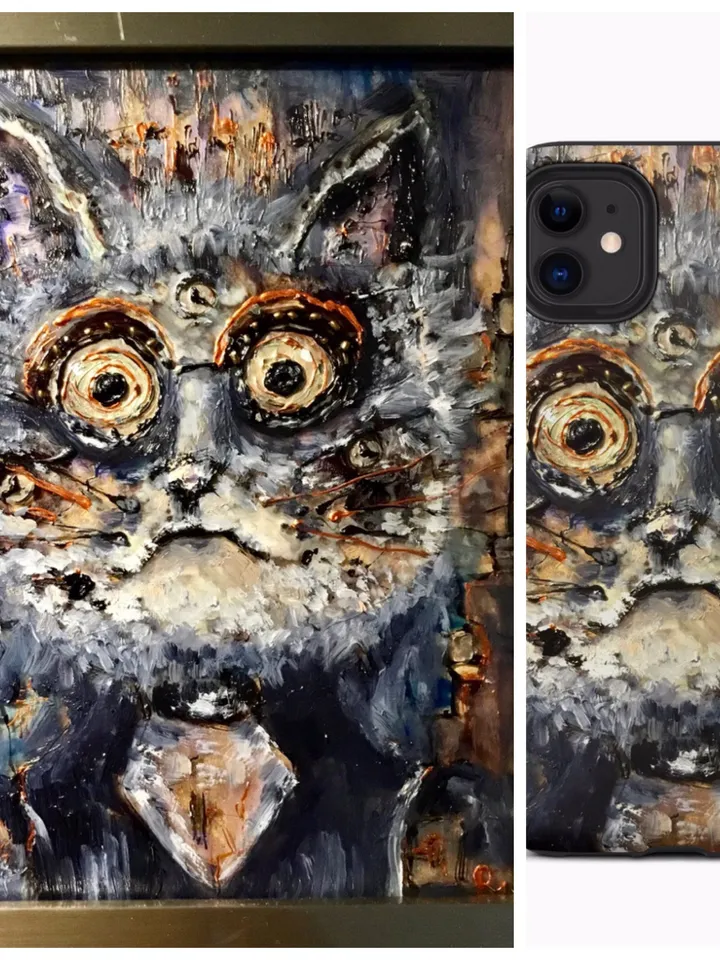 Funny cyberpunk cat Tough iPhone case,made from my own painting on glass,unique gift.