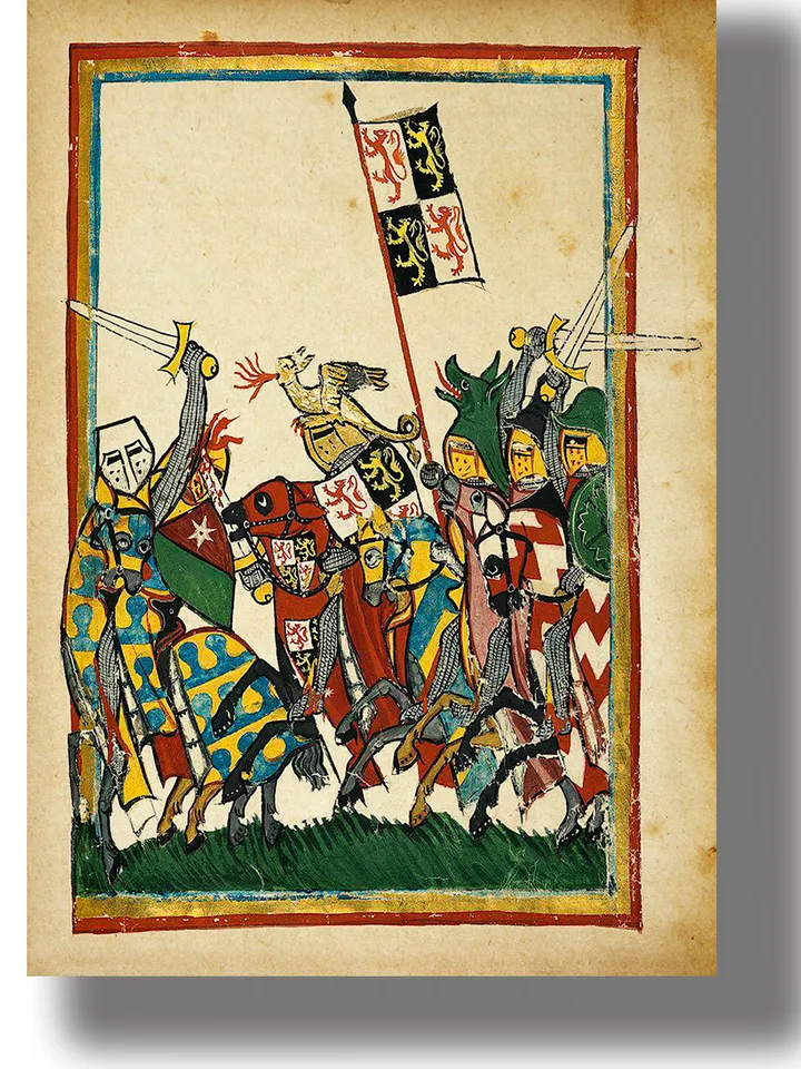 Battle of the Knights from a medieval manuscript Codex Manesse. Medieval style decor.
