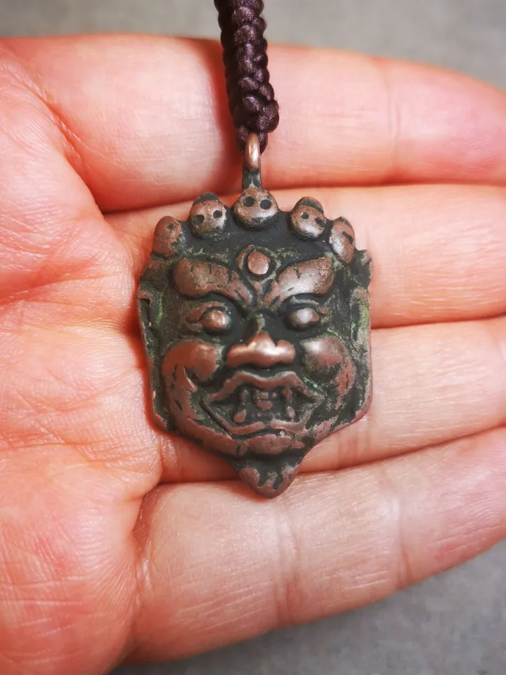 Gandhanra Antique Tibetan Amulet Badge,Mahakala Pendant, Buddhist Protector Deity, 50 Years Old