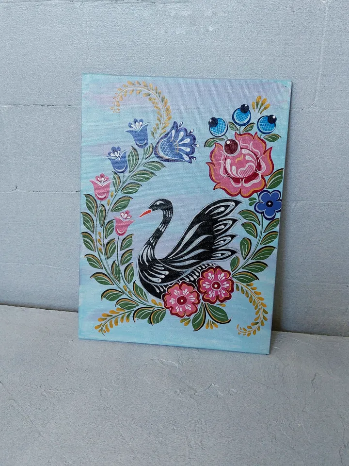 The black swan. Folk art on canvas.