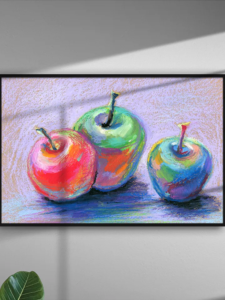 Still life three bright apples, Original oil pastel drawing on A4 craft paper.