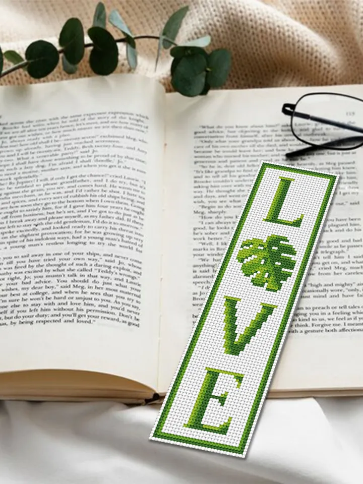 Green bookmark cross stitch pattern PDF download Monstera leaf cross stitch chart, Floral bookmark pattern digital PDF, The word Love #B355
