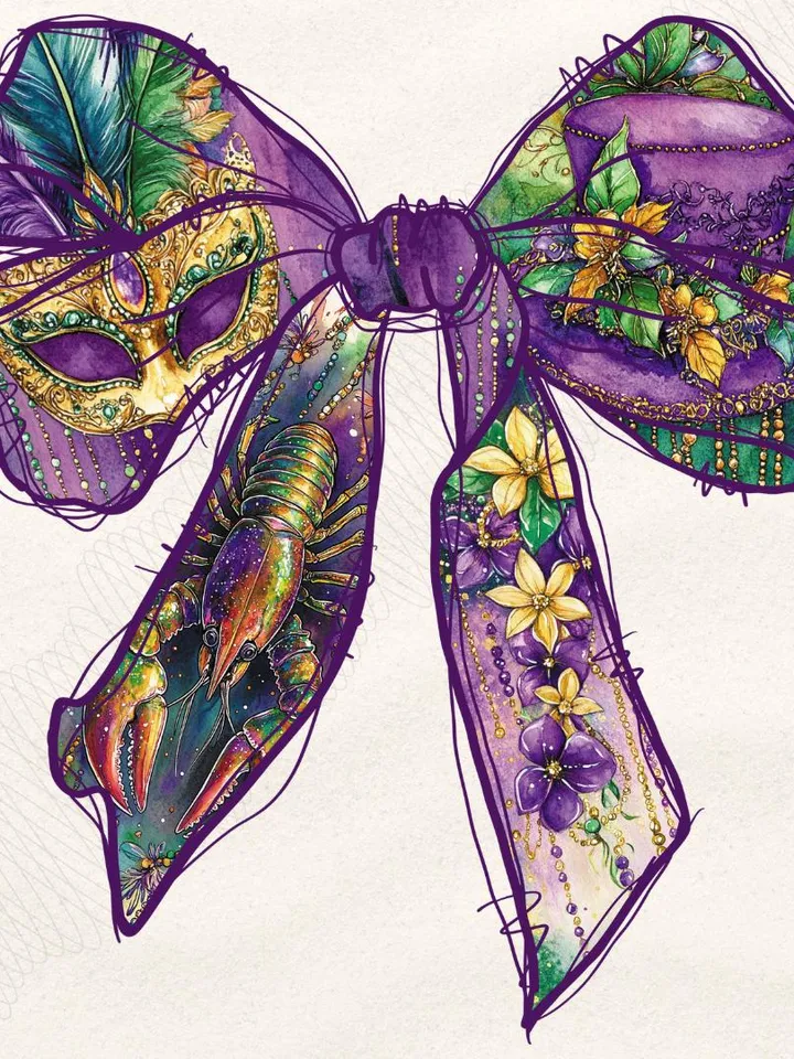 Mardi Gras Coquette Bow PNG, Coquette Mardi Gras Png, Fleur De Lis Png, Glitter, King Cake Png, Mardi Gras Beads PNG, Louisiana Crawfish Png