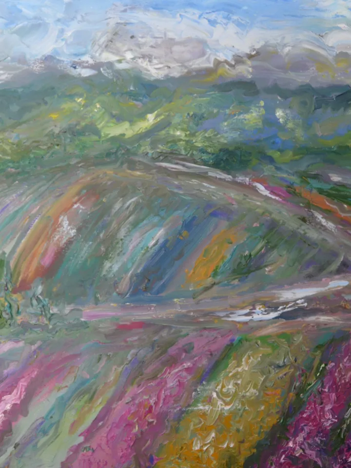 Japanese fields large canvas ,original oil landscape painting,,meadows,mountains,coloured fields painting,50/70 sm canvas wall art.