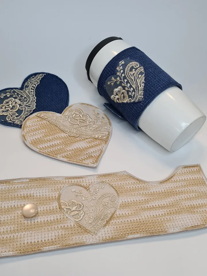 Set of cup holder and warmer for a mug in the hoop with knitted effect