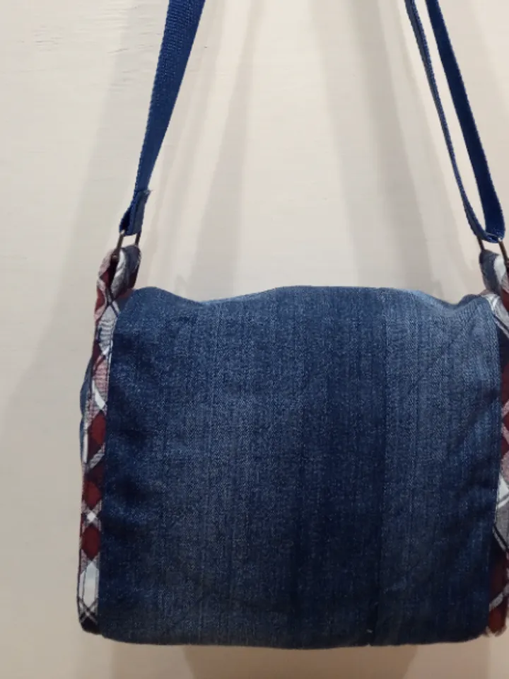 Shoulder denim handbag . Handmade bag, recycled jeans bag, crossbody bag with a crazy pechwork flap