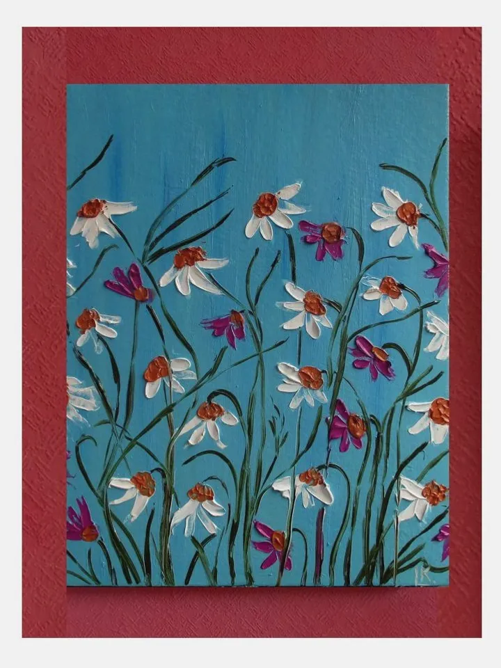 Daisy Painting Flowers Original Artwork, 3D Textured Daisies Palette Knife Oil Art