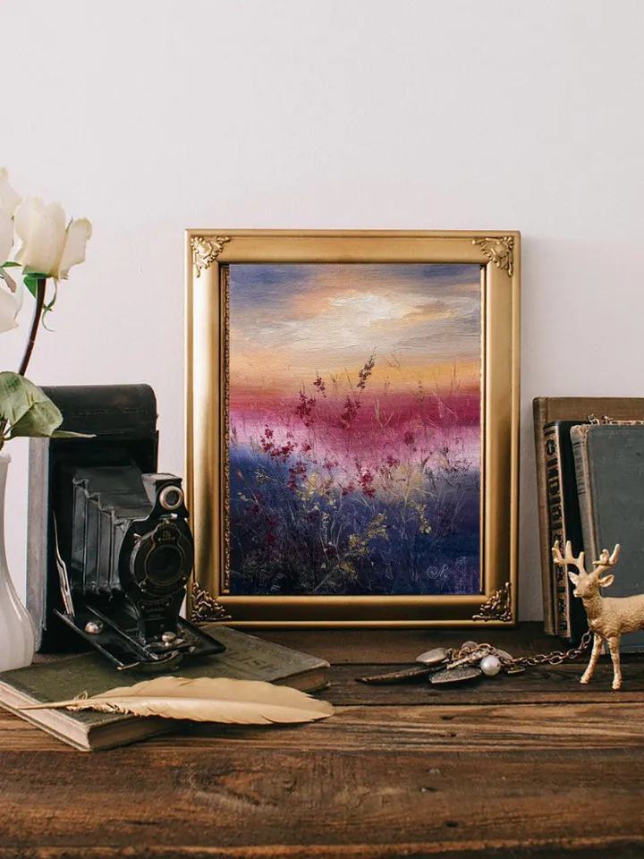 Sunset Oil Painting Meadow Wall Art Field Original Painting