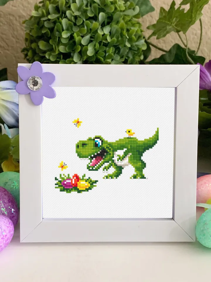 Funny dinosaur easter cross stitch pattern PDF download, Set of 2 small dinosaur cross stitch chart, Cute dino pattern digital PDF #T29