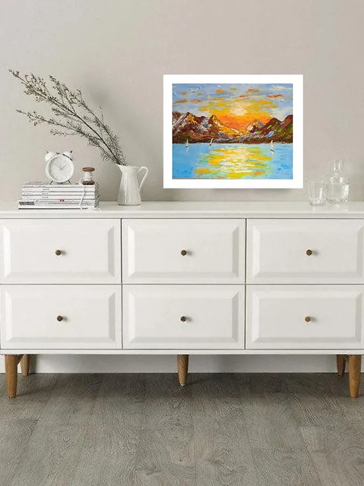Sunset at sea Seascape Sailboats at sunset Orange sunset Original painting