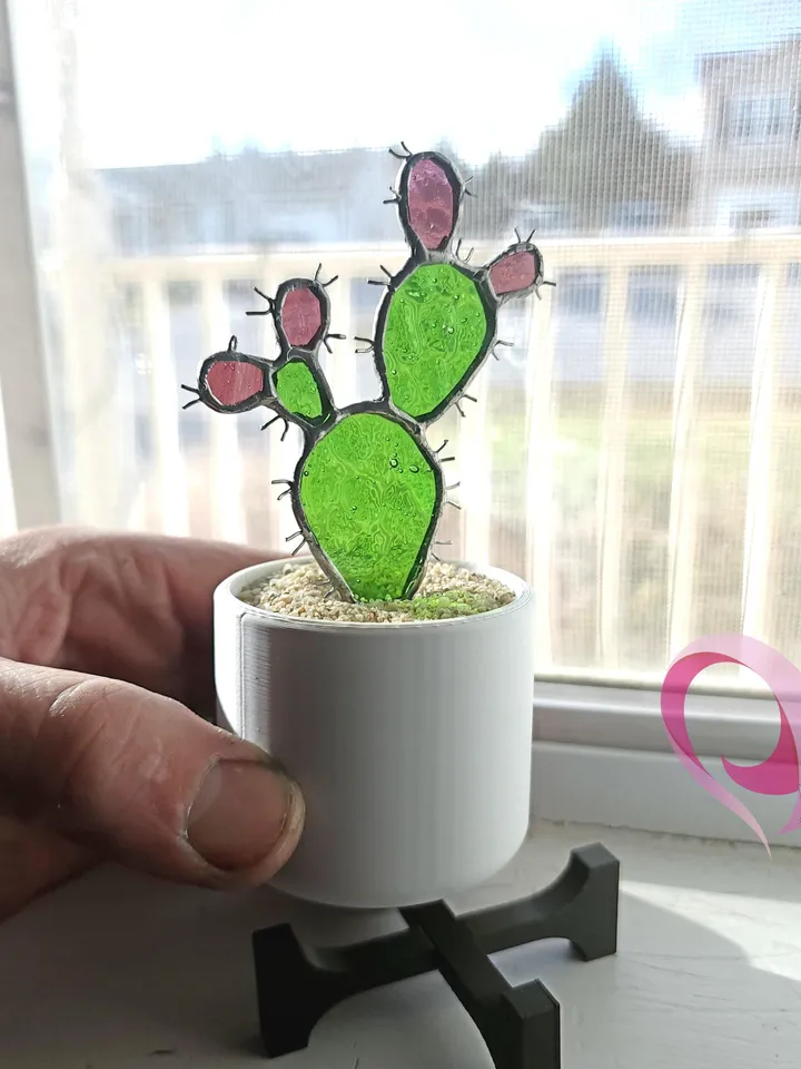 Real Stained Glass Prickly Pear Cactus Suncatcher in Cute Pot for Small Windowsill Paddle Cactus Gift for Plant Lovers No Kill Succulent