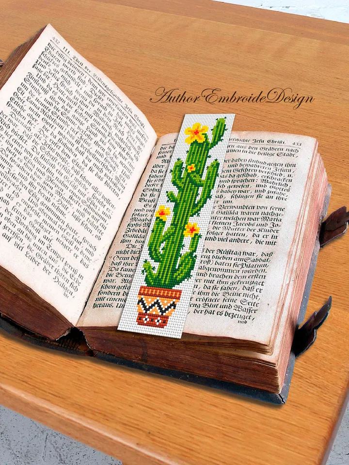 Cactus bookmark cross stitch pattern PDF download Blooming cactus cross stitch chart, Floral bookmark pattern digital, Saguaro cactus #B333