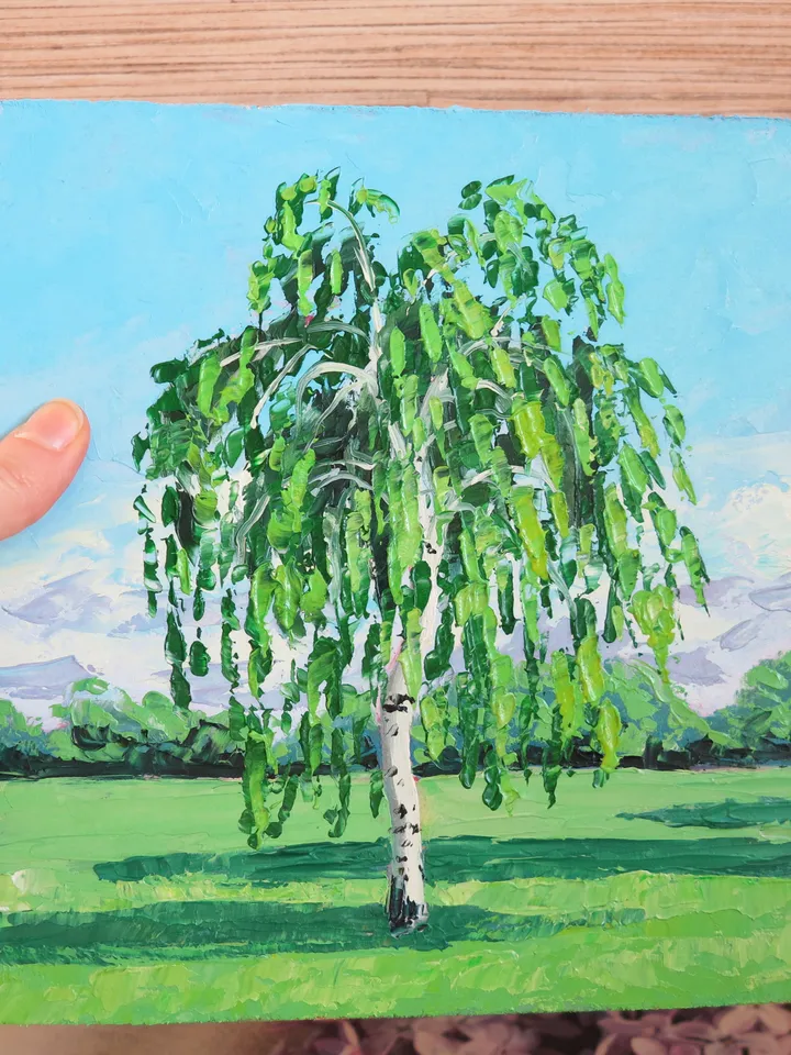 Original Oil Painting Birch Tree Created with Palette Knife Technique Artwork