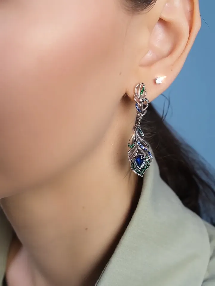Women's earrings 925 silver peacock feathers with blue and green cubic zirconia, bird of happiness