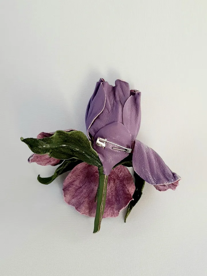 Lilac iris leather brooch for her , 3rd anniversary gift for wife, Leather women's jewelry