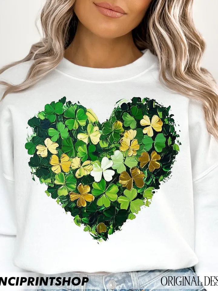 St. Patrick's Day Brushstroke Shamrock Heart PNG, Green and Gold Clover, Lucky Shamrock Design, St.Patrick's Day png, Clover png, Lucky png
