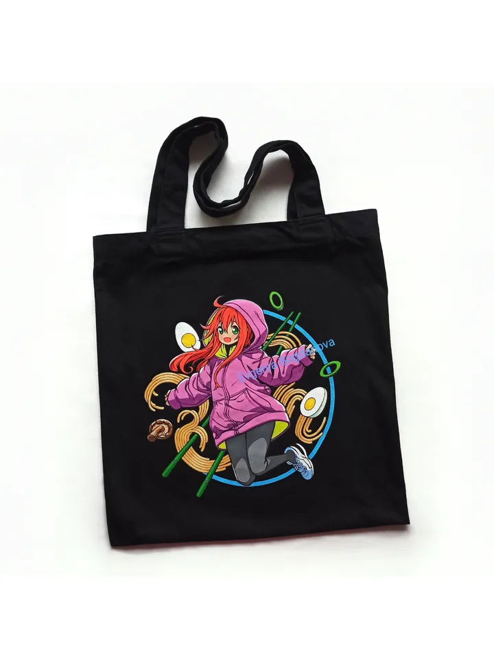 Black cotton shopper bag with hand painted anime style "lt's ramen time" 34x40 cm.