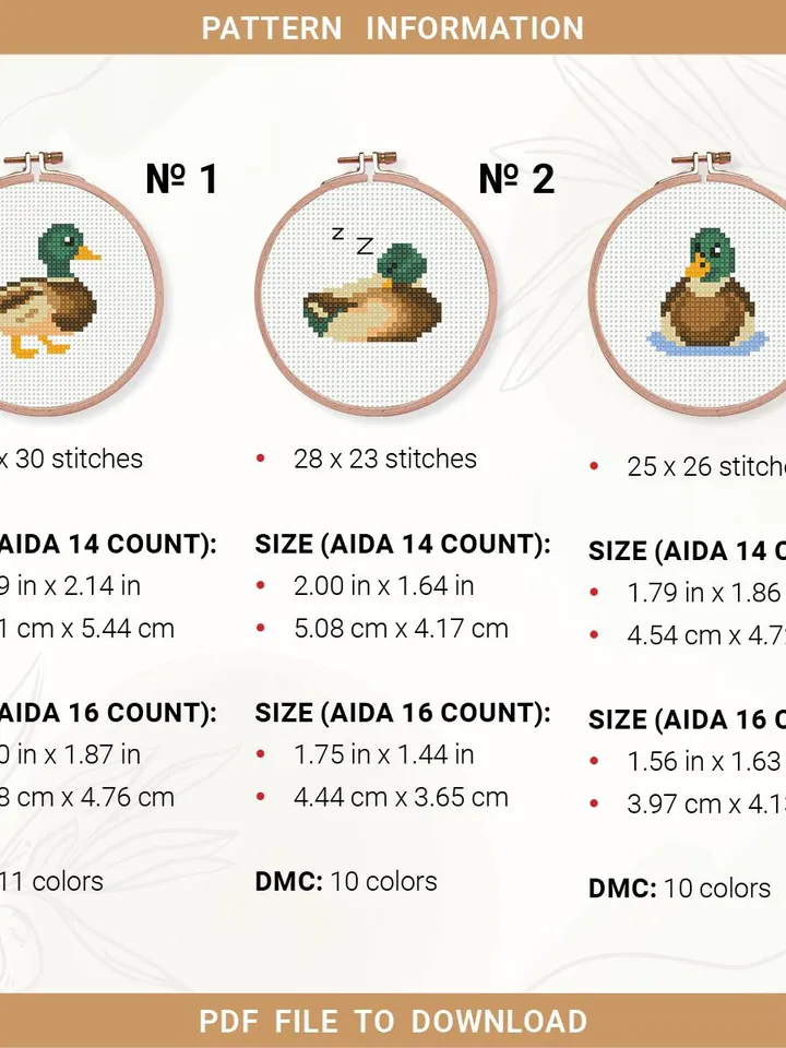Bundle Mallard Duck cross stitch pattern, Set of 3 Mallard Duck pattern, Tiny, bird, beginner counted, modern chart, DIY, small, instant PDF