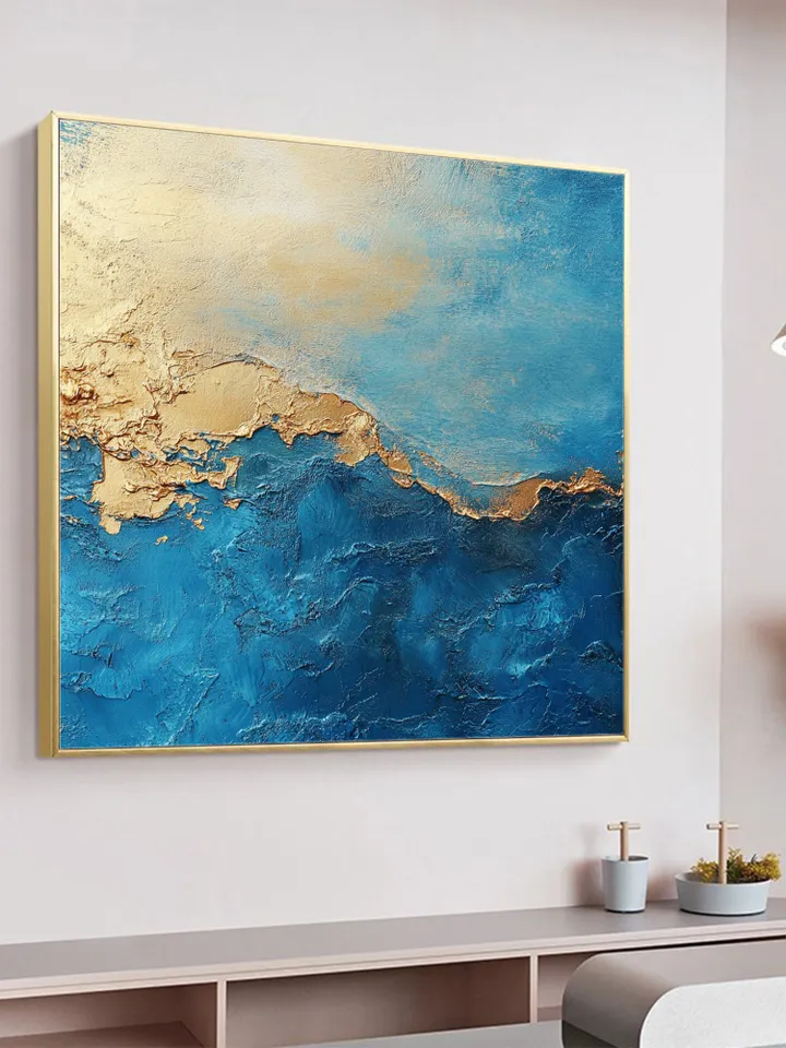 Abstract Gold leaf Oil Painting on Canvas, Original Blue Painting, Large Wall Art, Custom Painting, Living room Office Wall Art, Home Deocr