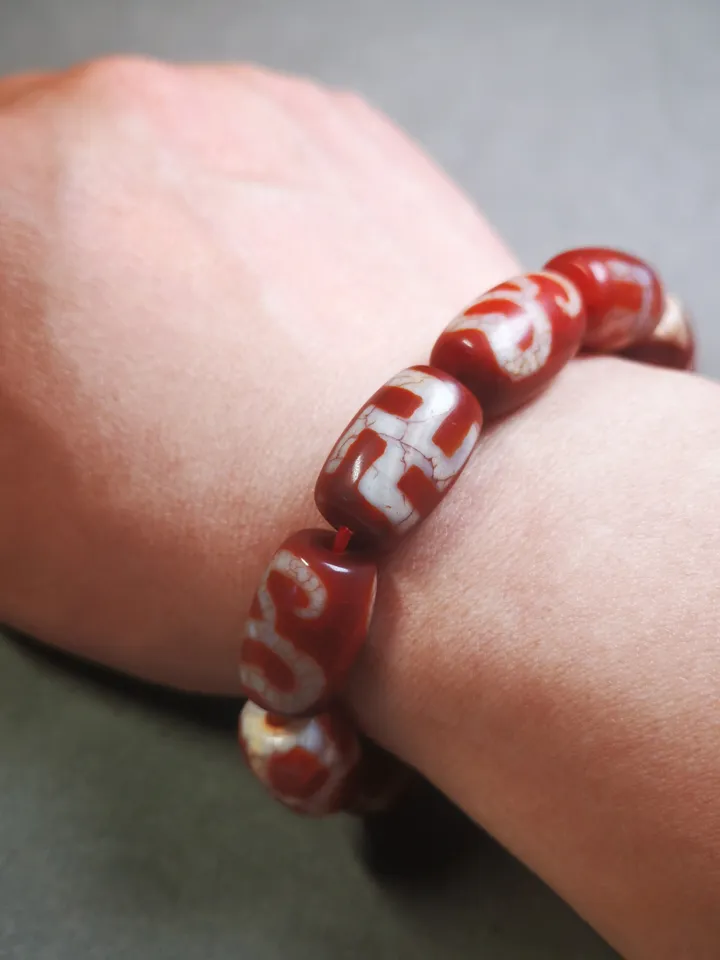 Gandhanra Old Tibetan Dzi Bead Bracelet, Fire Agate Beads Bracelet,Mixed Swastika,Vase,Lotus,Tiger Tooth,and Phum Dzi Beads