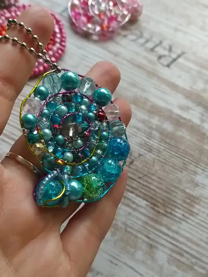 shell pendant, beaded spiral, keychain, mandala, amulet, decoration,car decor