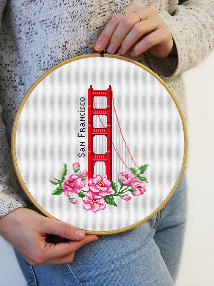 USA cross stitch pattern download PDF Golden gate bridge pattern digital PDF Spring flowers cross stitch chart Nature embroidery #E12