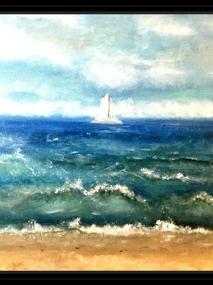 Seascape with a boat painting,Baltic sea and a beach,oil painting,stretched canvas.