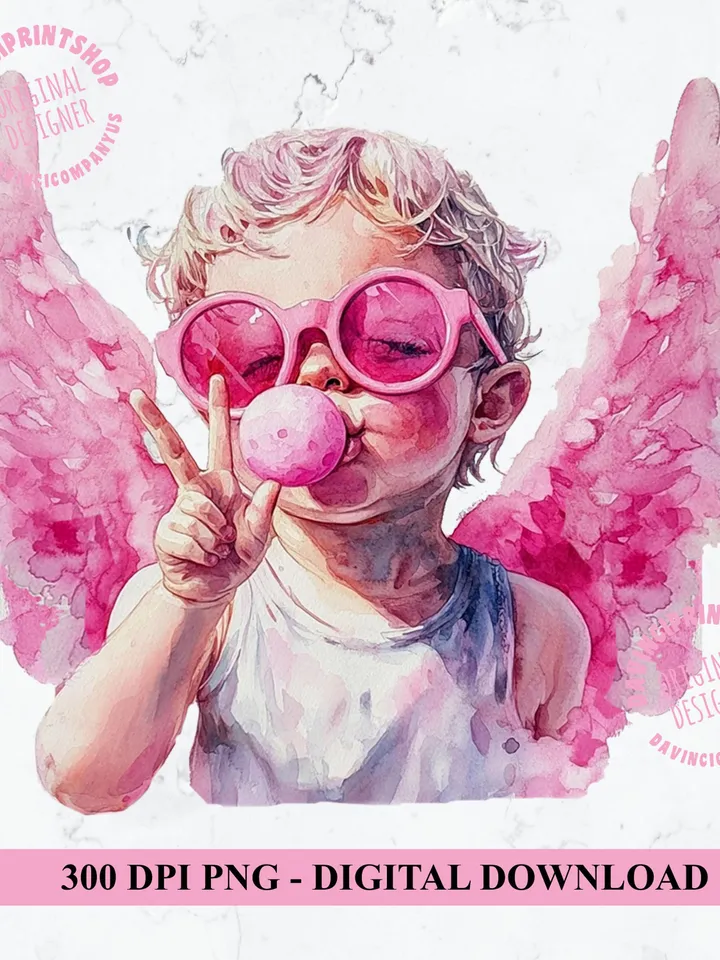 Retro Cupid Valentines Day Blowing Bubble PNG, Vintage Valentines Day png, Funny Cupid With Sunglasses png, Valentines Day png, Cupid png