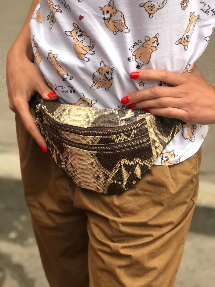 Genuine Python Skin Fanny Pack Brown and White | Exotic Leather Bags | Fanny Pack Women | Summer Fanny Pack | Snake Print Bag | Stylich Bag