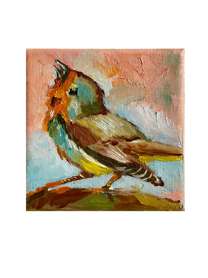 Robin Painting, Original Oil painting on Canvas, Tiny Bird art painting, Miniature Artwork