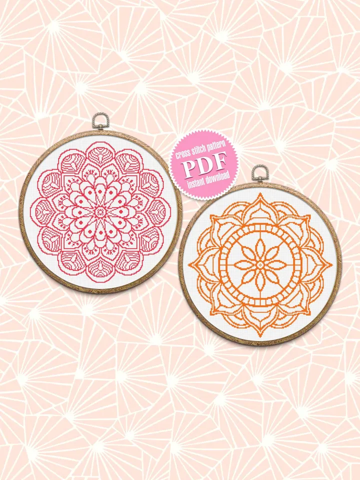 Mandala set cross stitch pattern download PDF, Monochrome embroidery beginner, Floral ornament cross stitch, Simple mandala digital PDF #S15