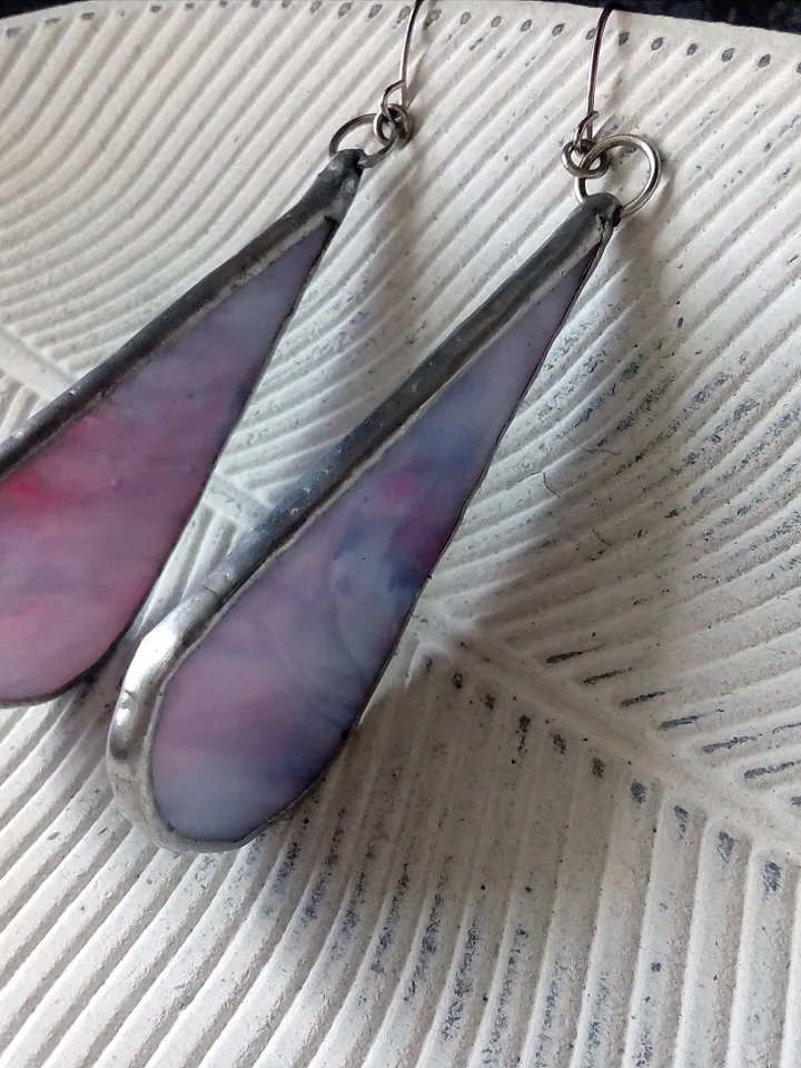 Multicolor drop earrings, Dangle  stained glass earrings, pink long earrings, simple stained glass
