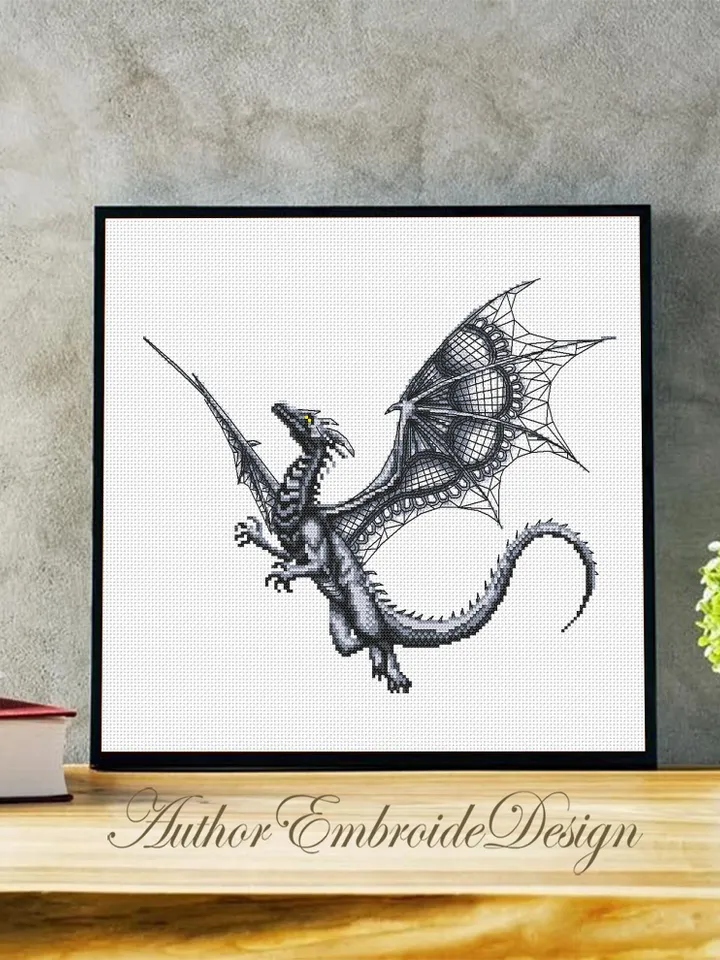 Dragon cross stitch pattern download PDF Fantasy animal cross stitch chart, Blackwork patterns Dragon embroidery PDF, Gothic home decor #K39