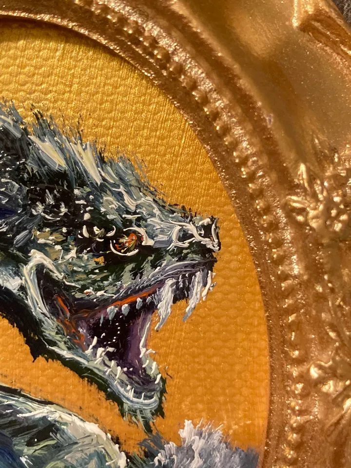 Basilisk Painting Small Original Oval Framed Art Witch Gifts Mini Gold Framed Decor, Mythical Creatures Art, Tiny Art Whimsigoth Decor
