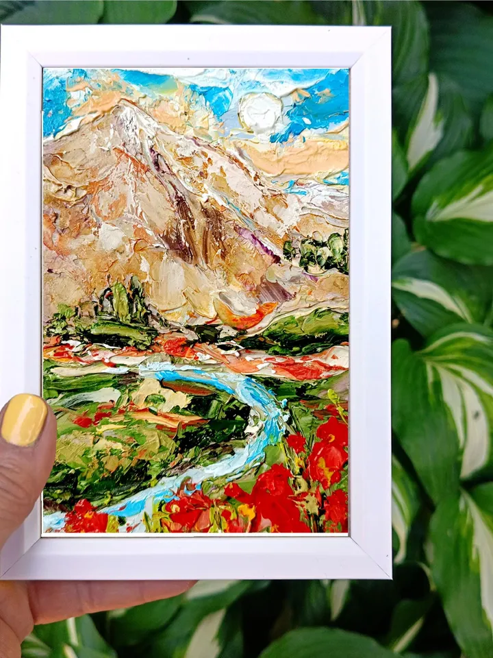 Rocky Mountains Painting Colorado Original Art Impasto Oil Painting Pine Trees Painting Poppy Small Wall Art  6 by 4 by Art ProkopaloSv