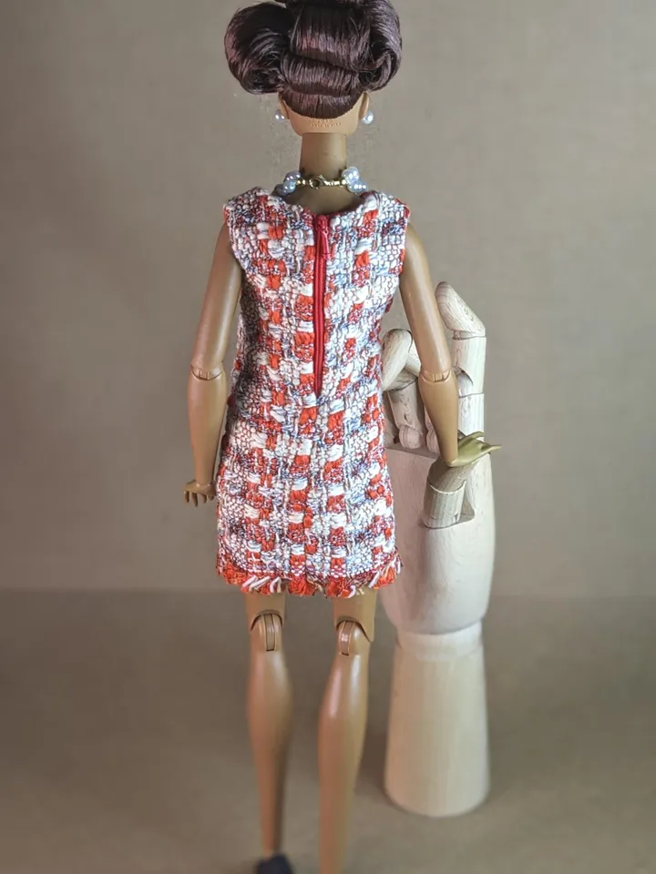 Handmade checked bouclé mini dress for 16-inch Fashion Royalty dolls (FR16)