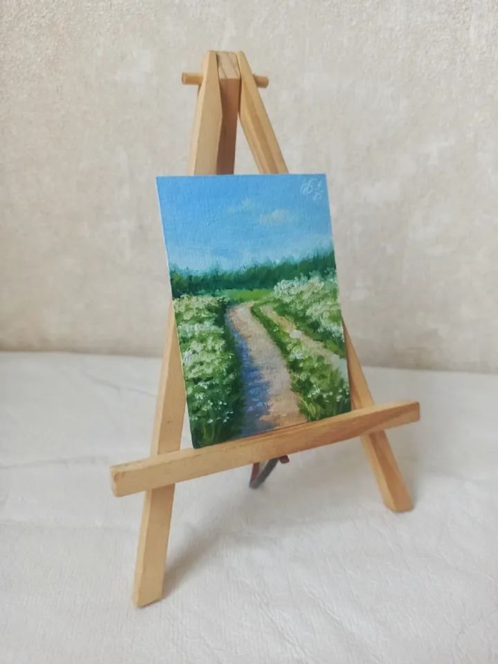 Original oil painting ACEO, Road in a field with white flowers, Summer countryside landscape, Collection card 2,5x3,5 in