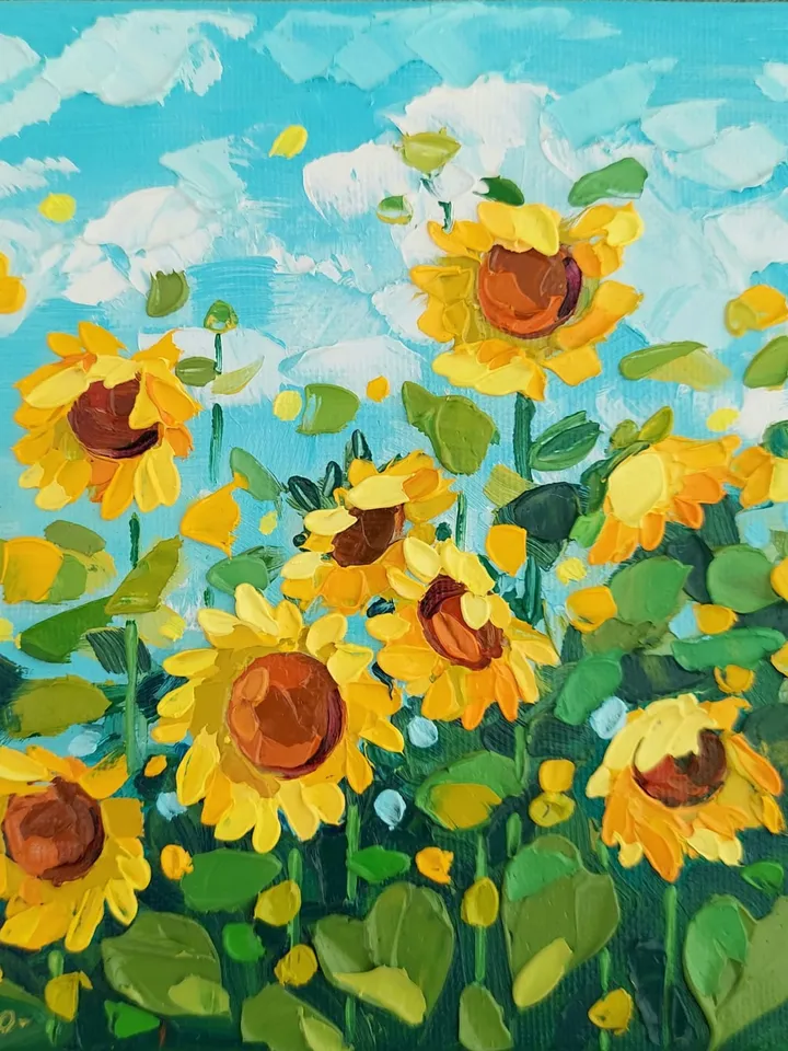 Sunflowers In The Field. Original Art. 6x6 inches.