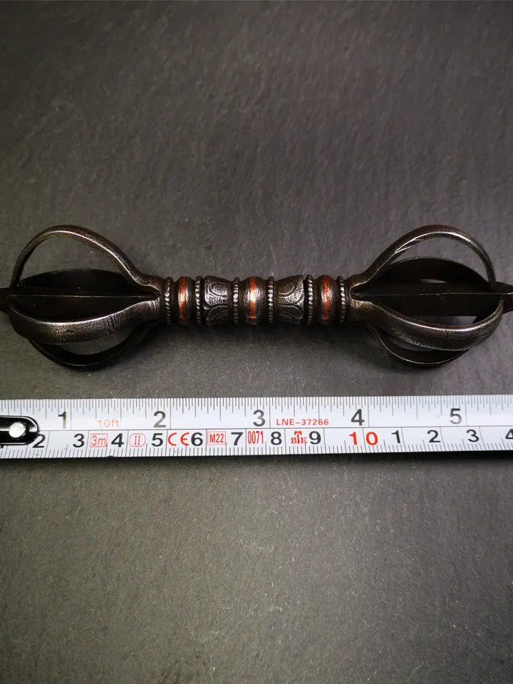 Gandhanra Vintage Five-pronged Vajra Dorje,Tibetan Tantric Buddhism (Vajrayana) Ritual,Altar Tool,Made of Cold Iron,Inlaid Copper