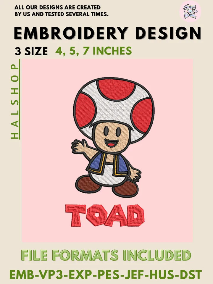 Toad & Mario Machine Embroidery Design – Super Mario Bros Cartoon Digital Embroidery File 🍄👟✨