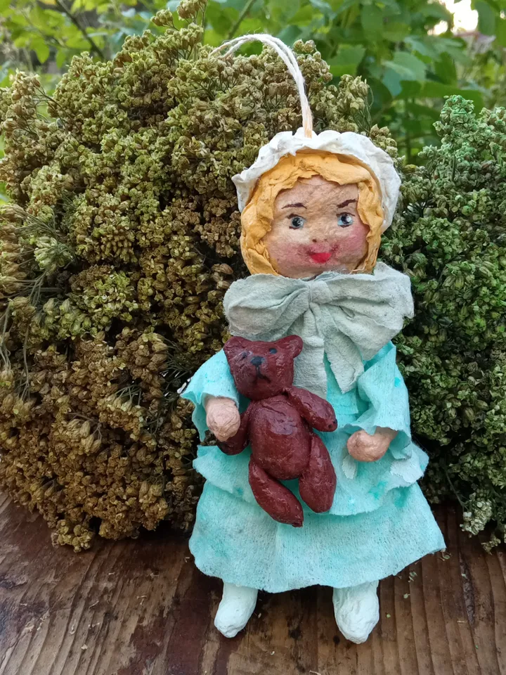 Handmade cotton toy Girl in blue dress with a teddy bear. A unique gift. Family Christmas souvenir. Original Christmas tree decoration. Made in 1 copy. Free shipping