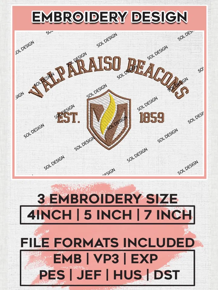 Valparaiso Beacons Est 1859 Logo Embroidery Designs, NCAA Valparaiso Beacons Team Embroidery, NCAA Team Logo, 3 sizes, Machine embroidery Files, Digital Download