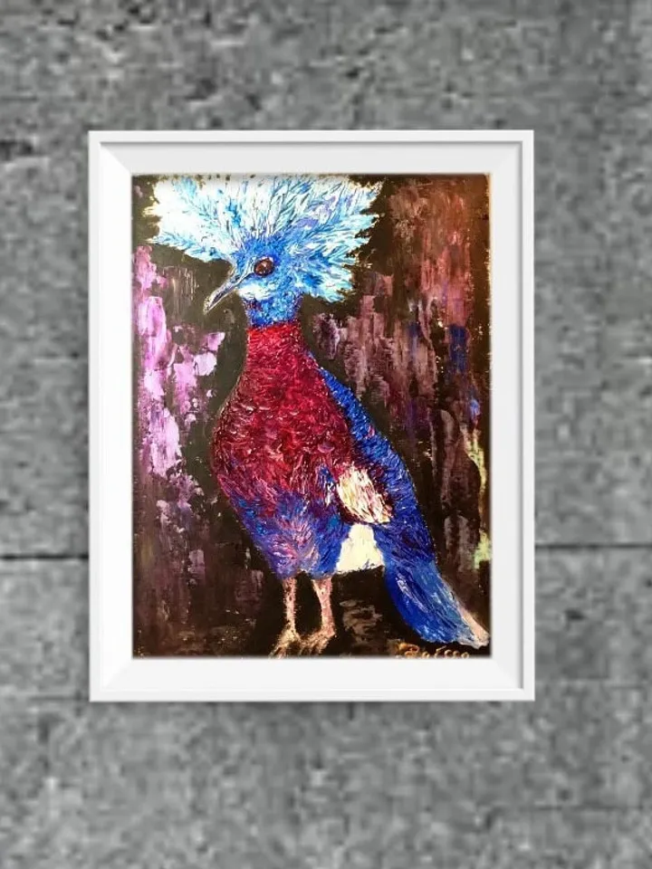 Pigeon oil painting ,Original impasto oil painting,Funny bright pigeon bird with a crown