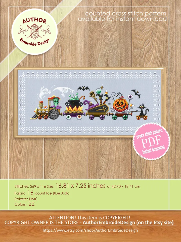 Halloween train cross stitch pattern PDF download Happy Halloween cross stitch chart, Black cat, Spooky ghost, Halloween home decor #H62