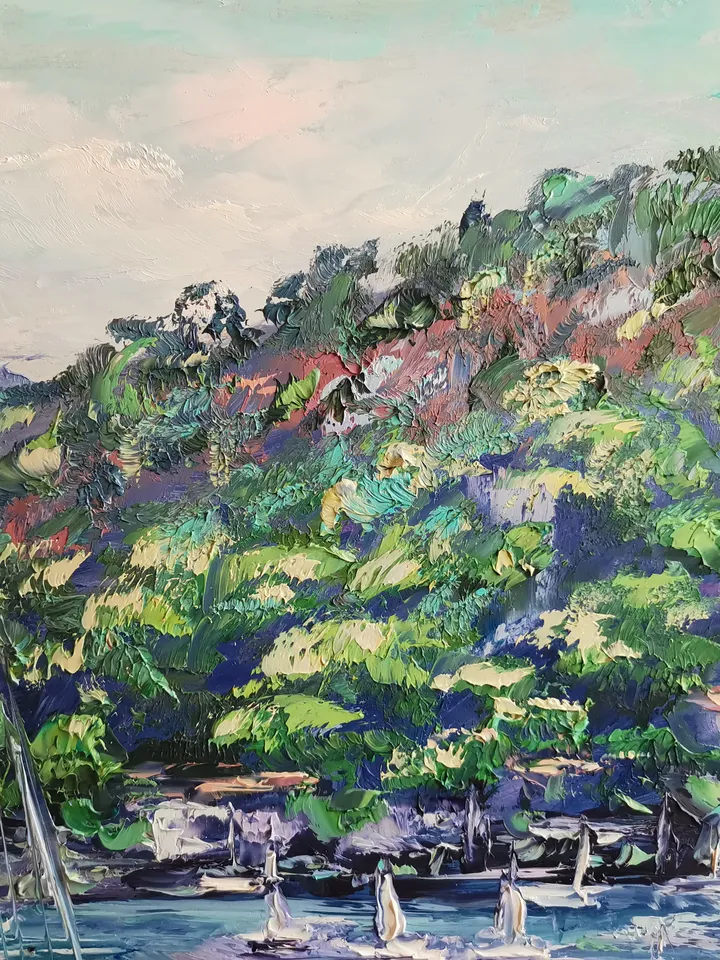 Yachts Sailboats Sea Mountains Original Art Oil Painting Resort Rocks Artist Svinar Oksana
