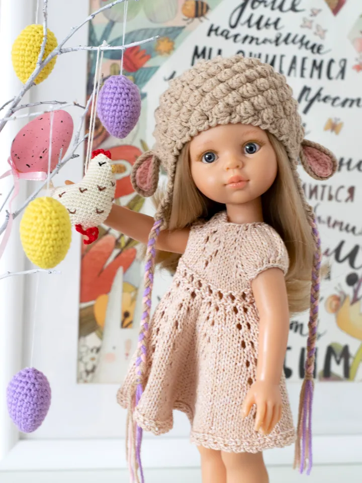 Crochet lamb hat for 13 inch dolls: Paola Reina, Meadow dolls Dumplings, Siblies Ruby Red, Little Darling for Easter